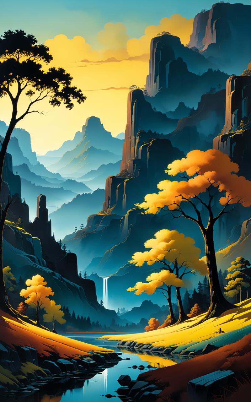 05600-3948574895-Create a painting of the base image landscape in the style of Eyvind Earle, complex background, medium_ old film grain, tetradic.png